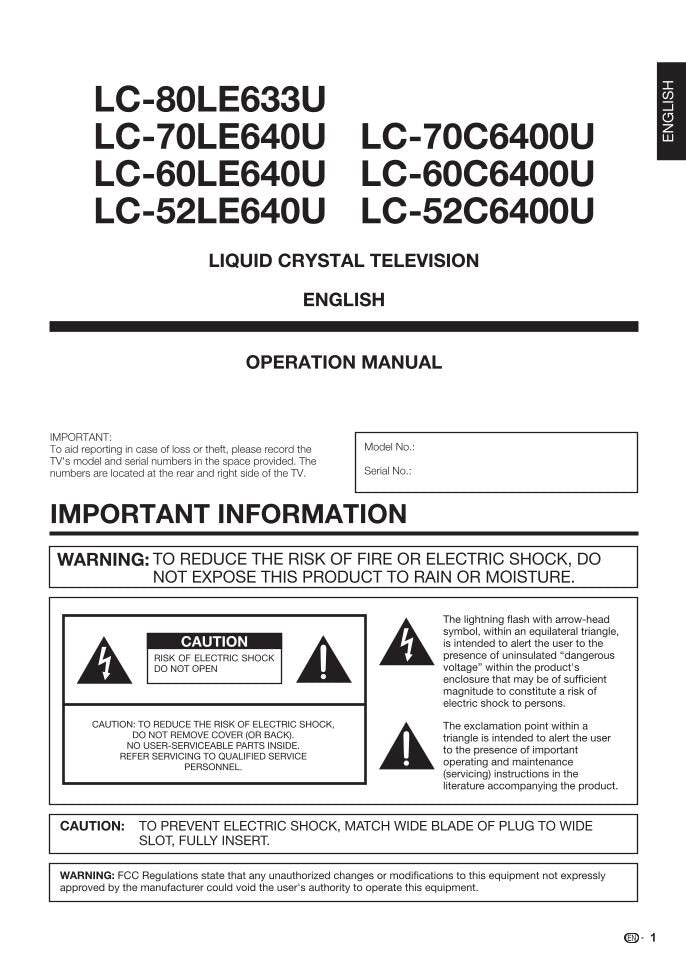 Sharp LC52C6400U LC52LE640U LC60C6400U TV Operating Manual