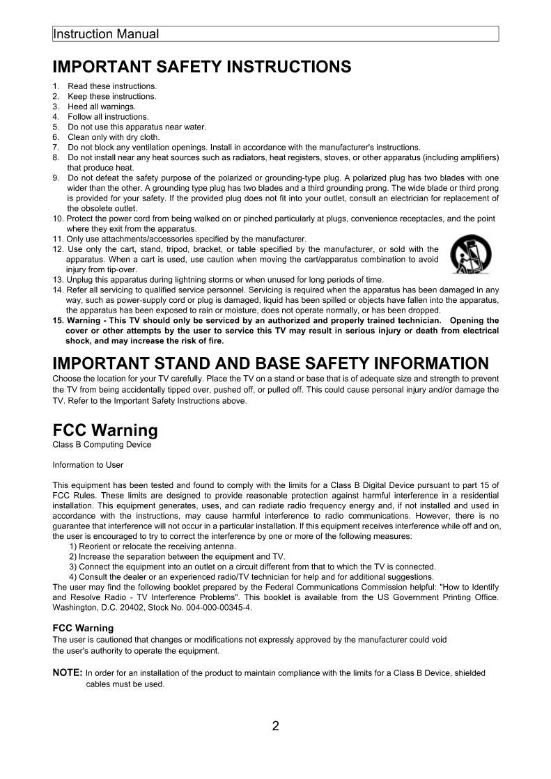 Apex PF2020 TV Operating Manual
