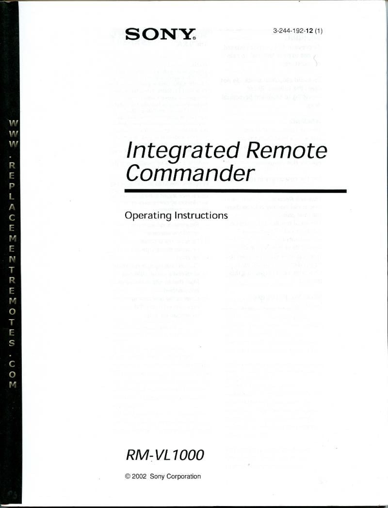 Sony RMVL1000 RMVLl000 DVD Player Operating Manual