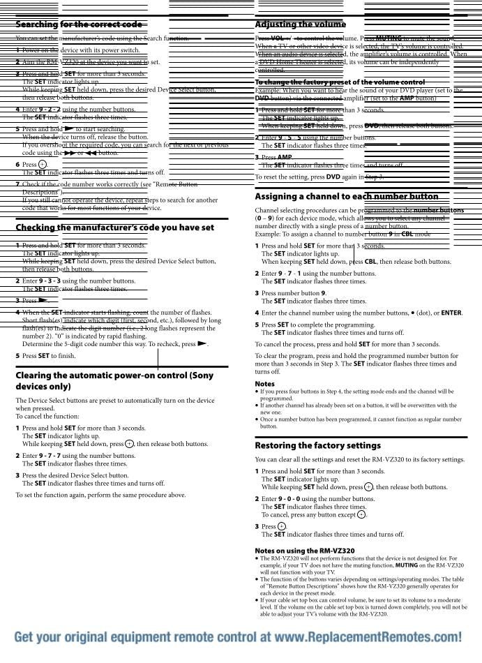 Sony RMVZ320 Manual/Codes Universal Remote Control Operating Manual
