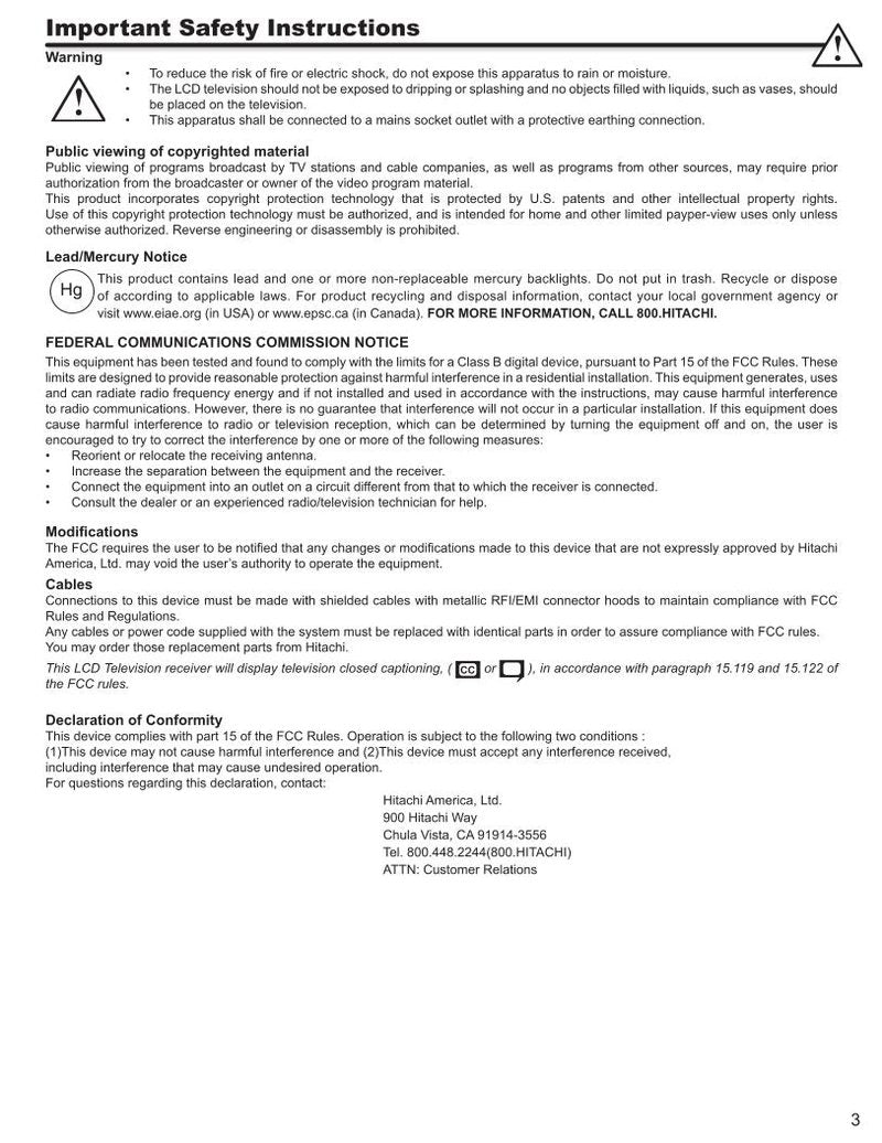 Hitachi L46 S 604 TV Operating Manual