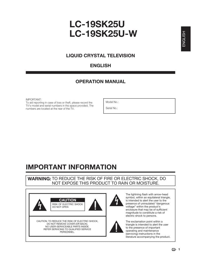 Sharp LC19SK25U TV Operating Manual