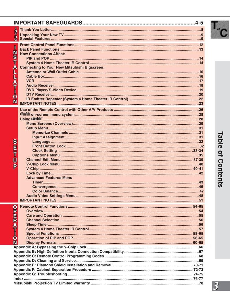 Mitsubishi VS50111 VS60111 WS48311 TV Operating Manual