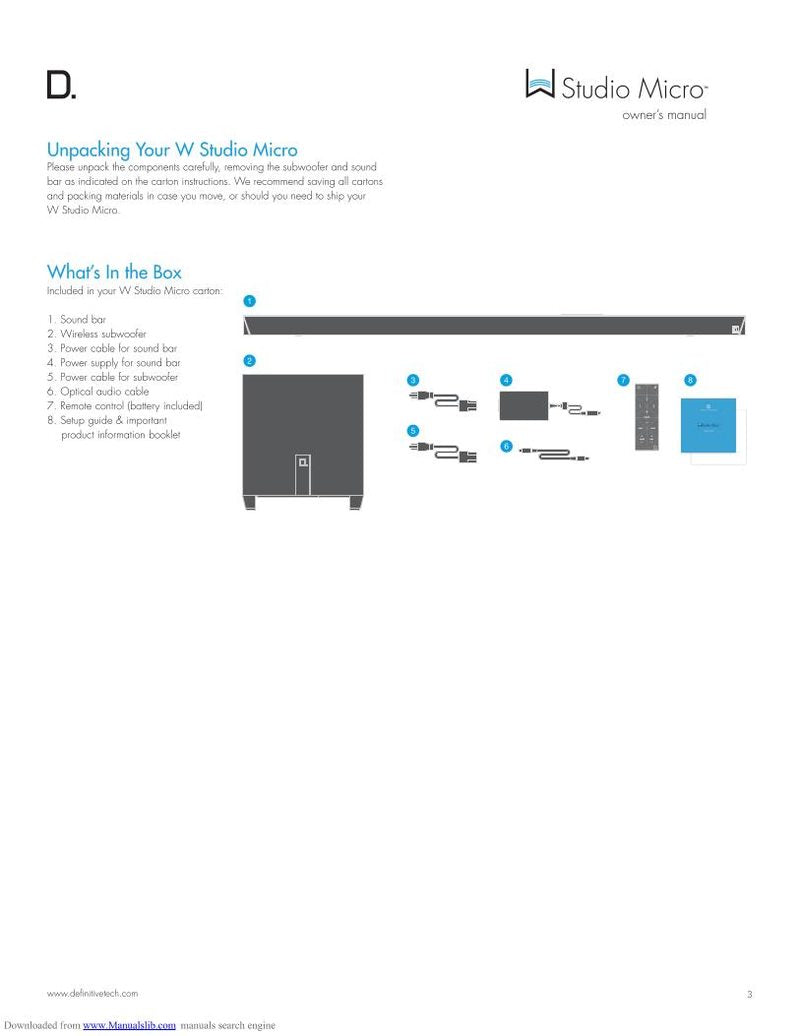 Definitive Technology W Studio Micro UltraSlim 3.1 Wireless Sound Bar Music Streaming System Operating Manual
