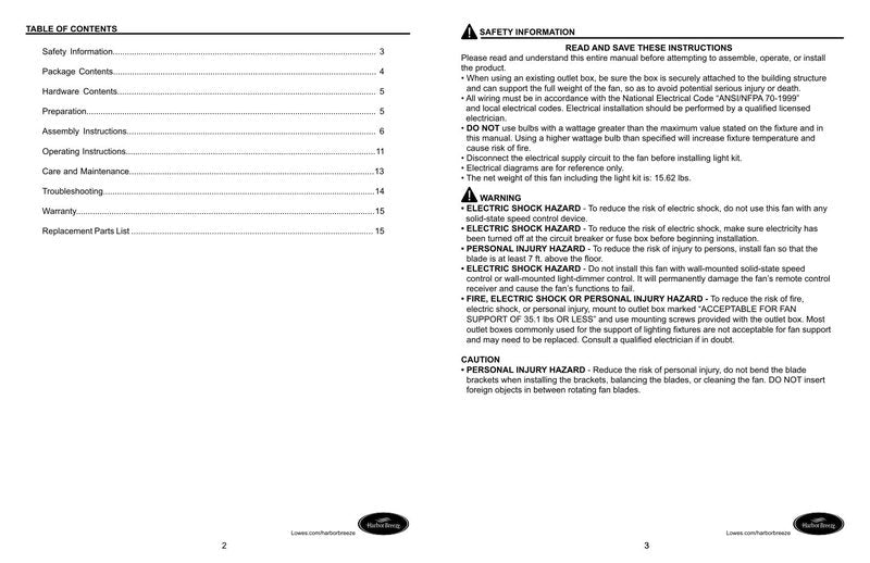 Harbor Breeze 00873 00874 00875 Mazon Ceiling Fan Operating Manual