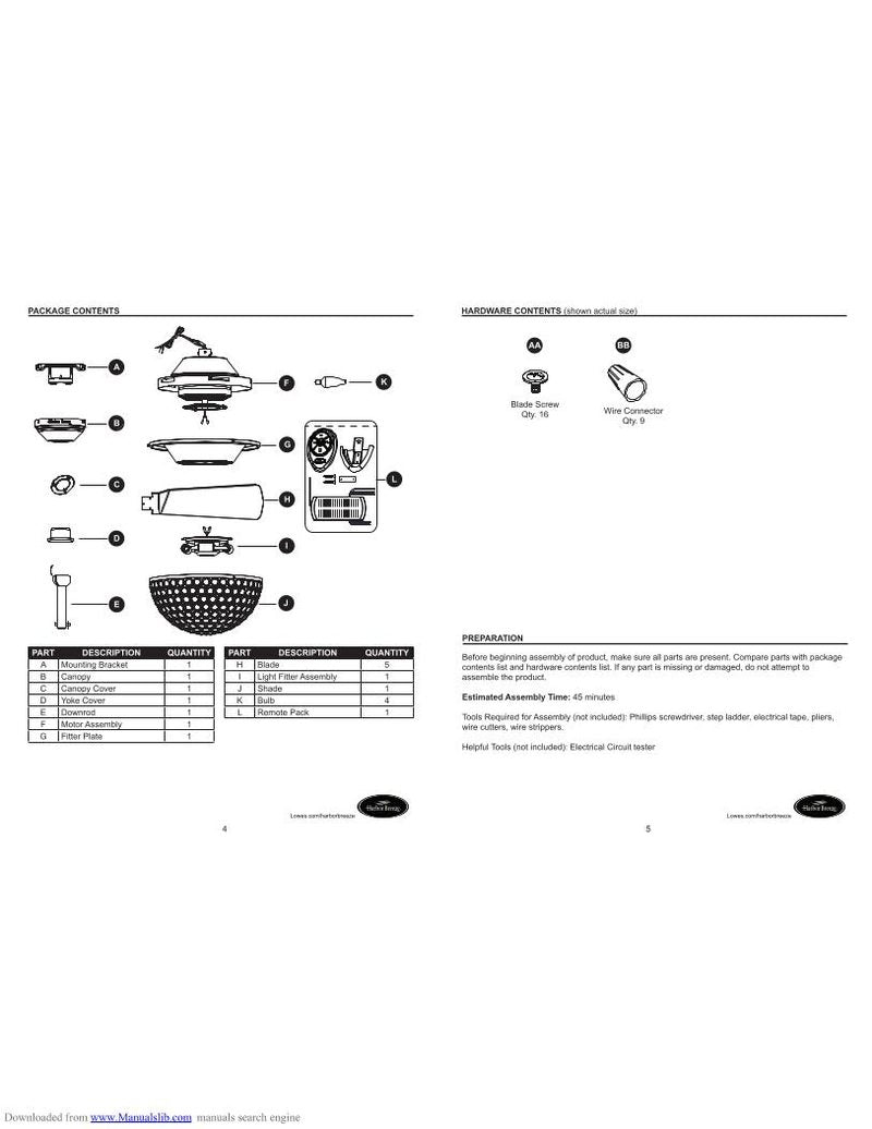 Harbor Breeze 00878 Ceiling Fan Operating Manual