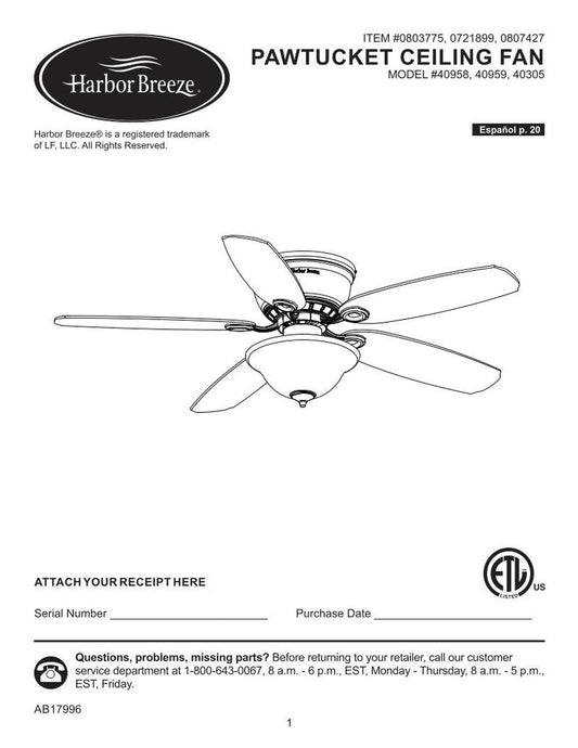 Harbor Breeze PAWTUCKET CEILING FANom Ceiling Fan Operating Manual