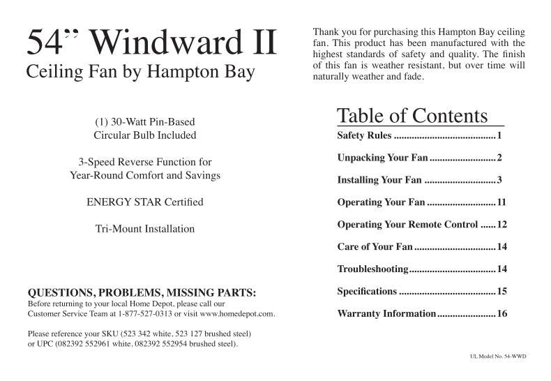 Hampton Bay 55296 WINDWARD 54 IN Ceiling Fan Operating Manual