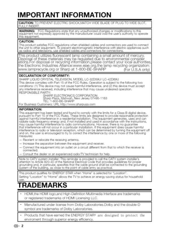 Sharp LC32D59U LC42D69U TV Operating Manual