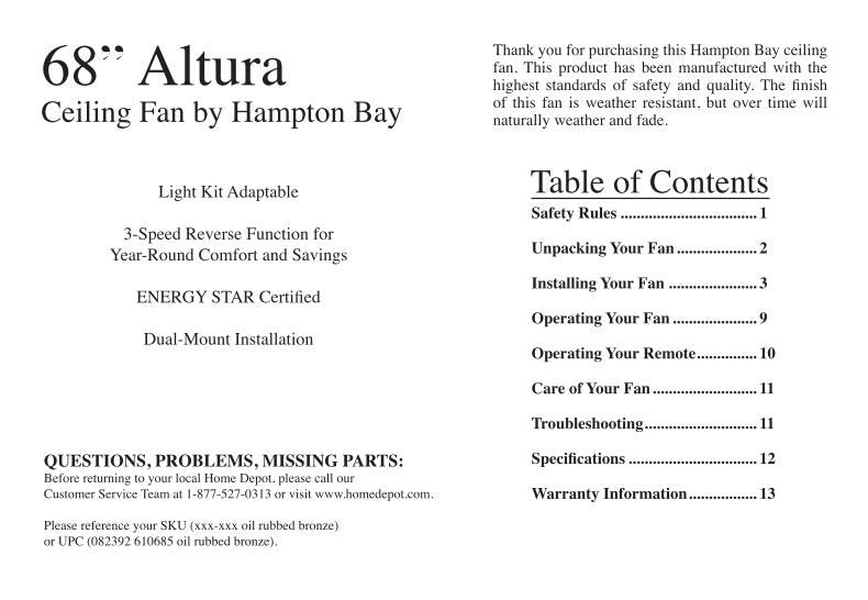 Hampton Bay 68068 Altura 68 in Ceiling Fan OM Fan Operating Manual