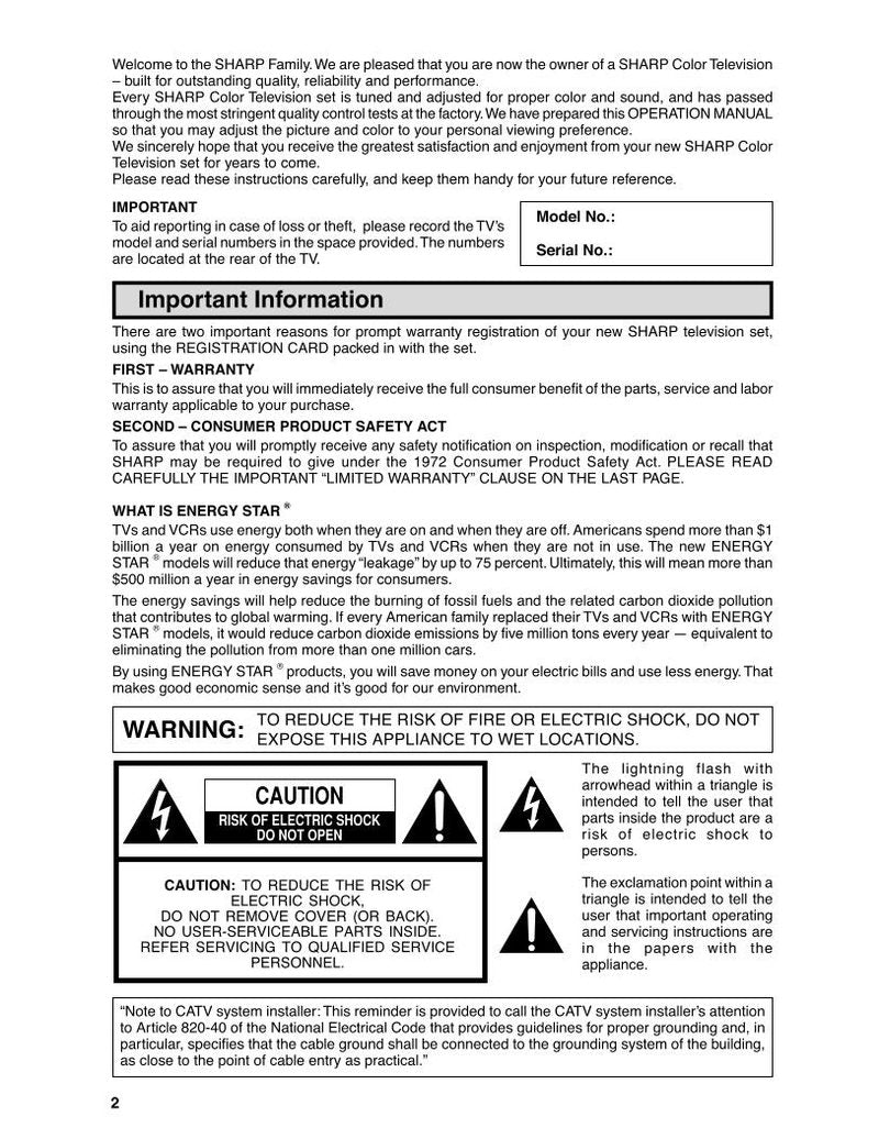 Sharp 13NM100 13NM100B 13NM150 TV Operating Manual