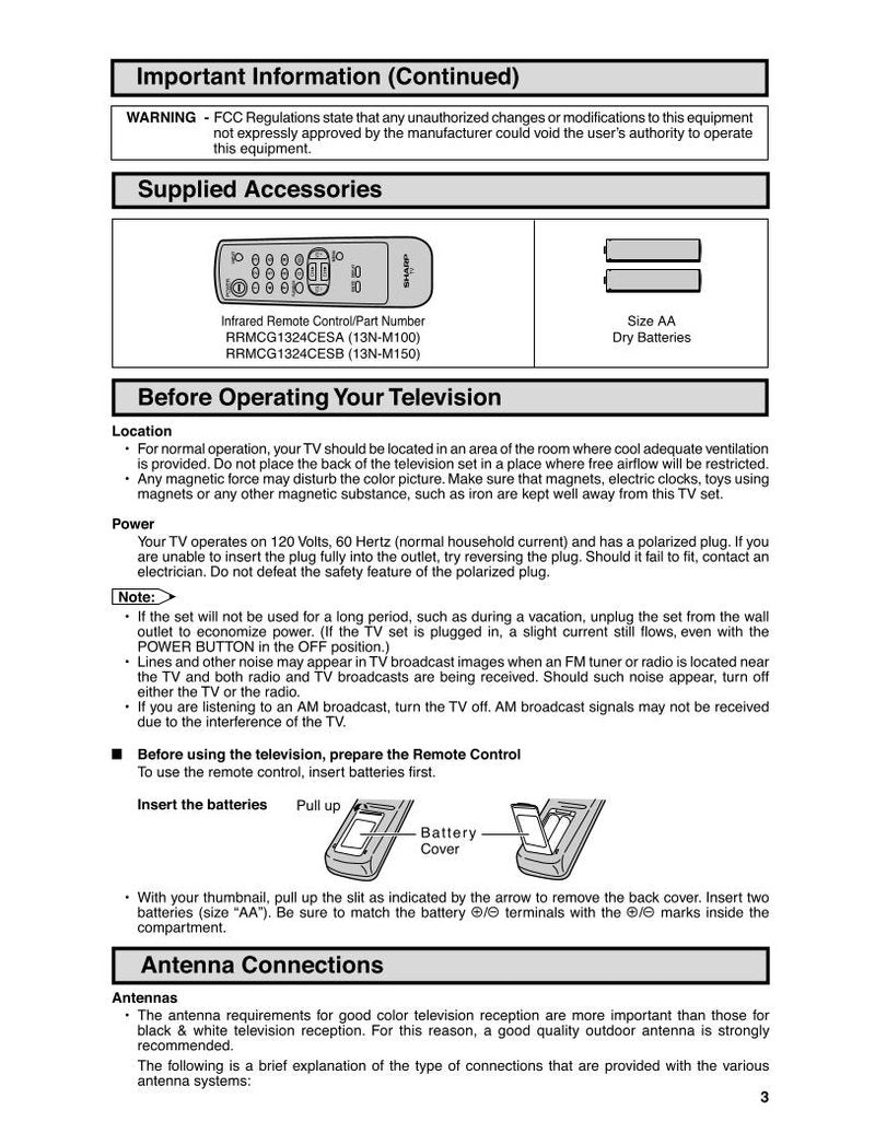 Sharp 13NM100 13NM100B 13NM150 TV Operating Manual