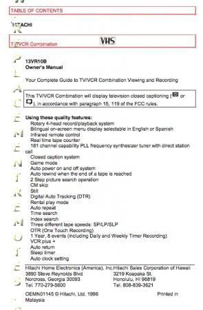 Hitachi 13 VR 10B TV/VCR Combo Operating Manual