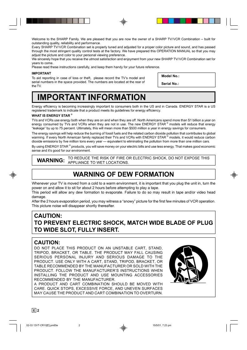 Sharp 13VTCR10 13VTL150 Consumer Electronics Operating Manual