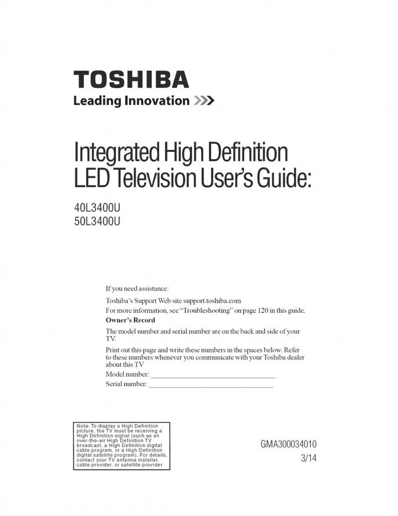 Toshiba 50L3400 TV Operating Manual