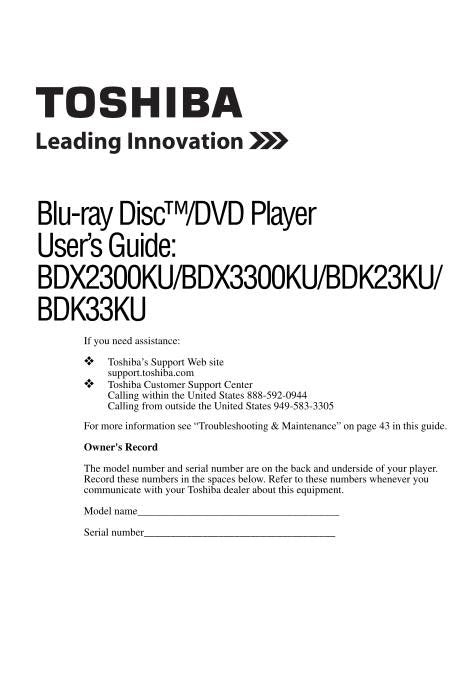 Toshiba BDX3300KU Blu-Ray DVD Player Operating Manual