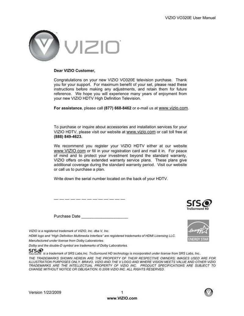 Vizio V0320E TV Operating Manual