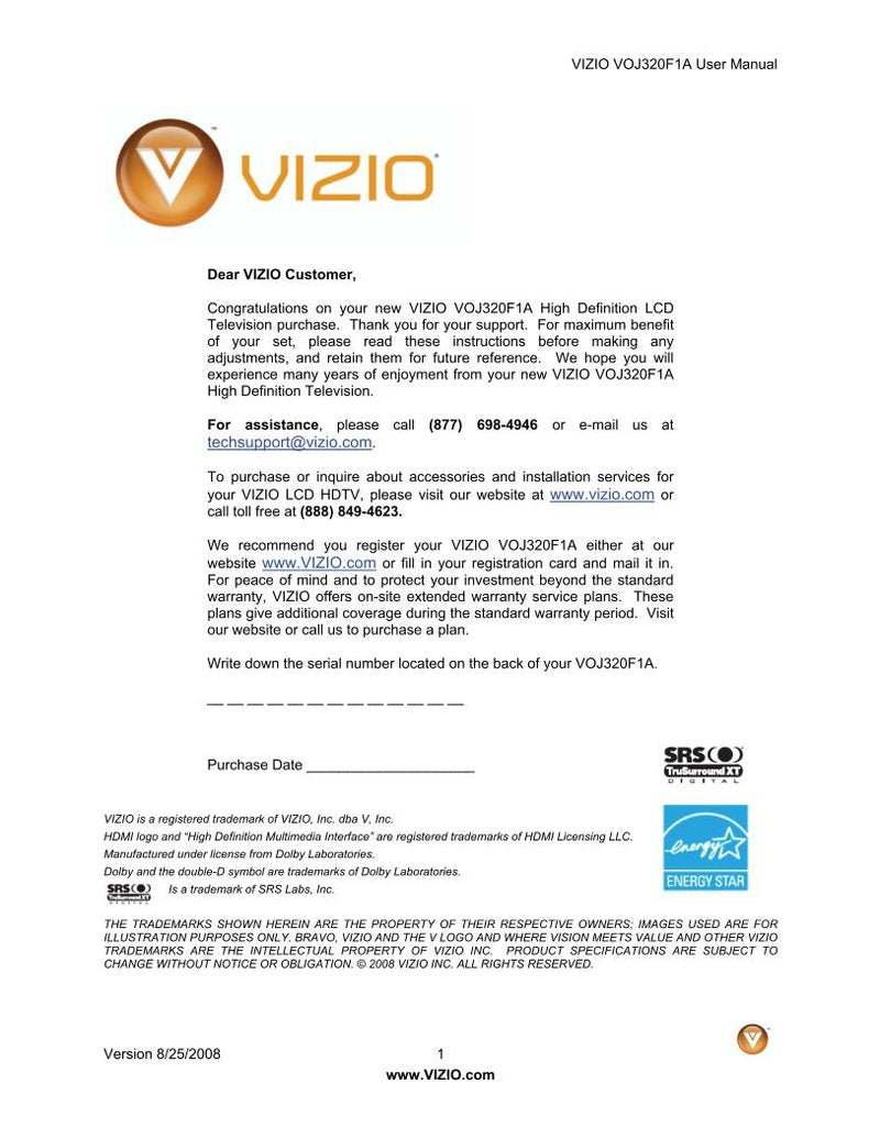 Vizio VOJ320F1A VOJ320F1AC TV Operating Manual