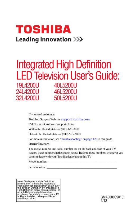 Toshiba 24L4200U 32L4200U 46L5200U TV Operating Manual