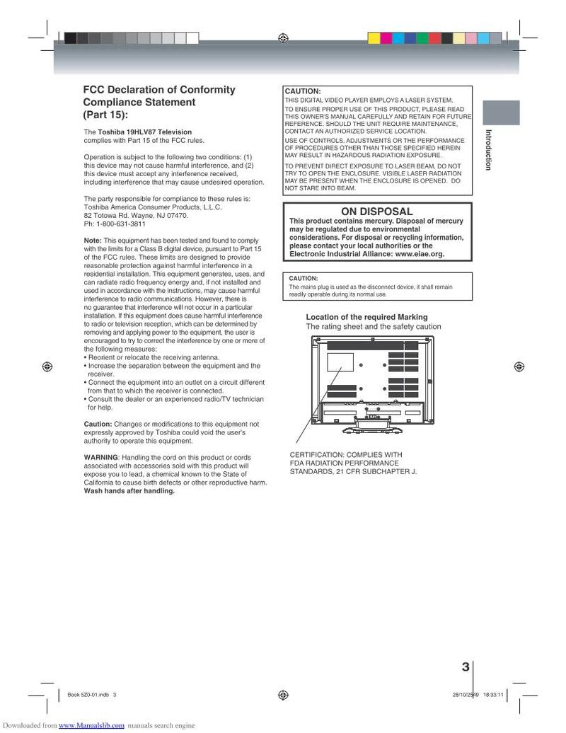 Toshiba 19HLV87 TV/DVD Combo Operating Manual