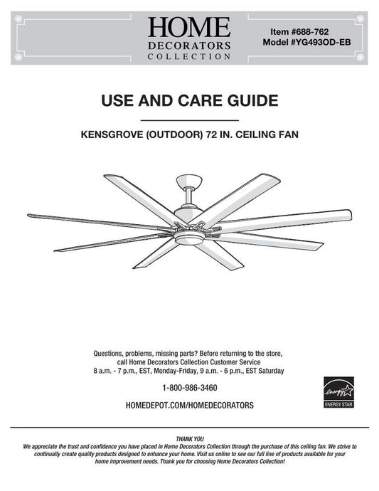 Home Decorators Collection YG493OD Kensgrove 72 In Ceiling Fan Ceiling Fan Operating Manual