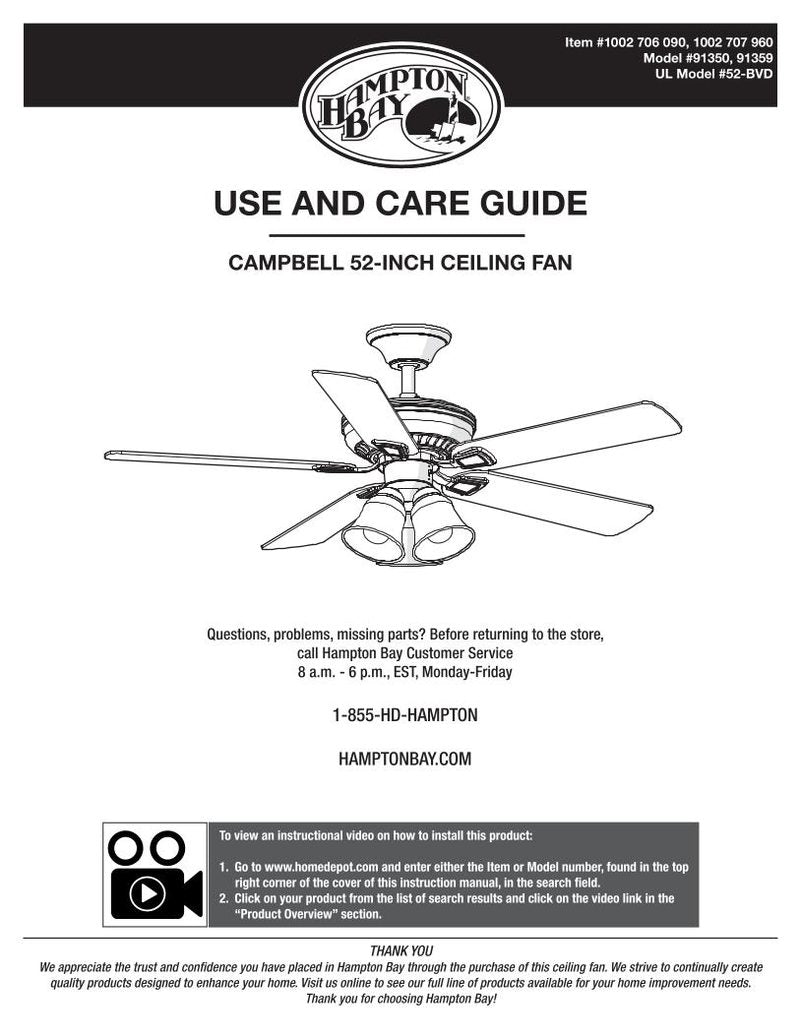 Hampton Bay 41359 CAMPBELL 52 IN Ceiling Fan Operating Manual