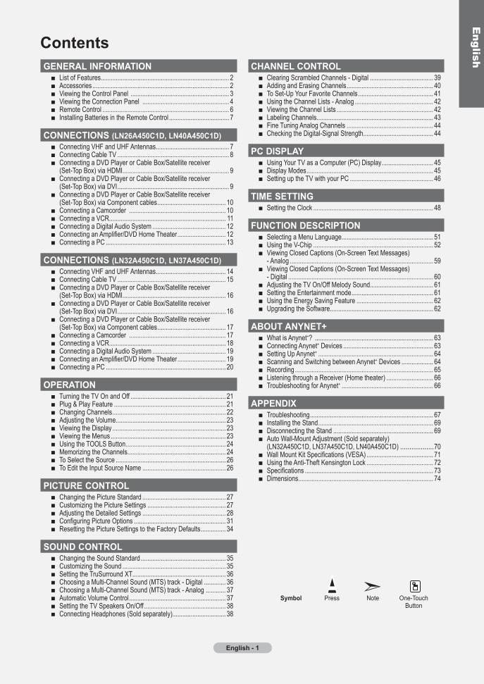 Samsung LN19A450 LN32A450 LN37A450 TV Operating Manual