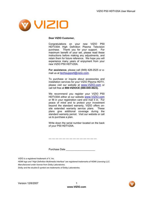 Vizio P50HDM TV Operating Manual