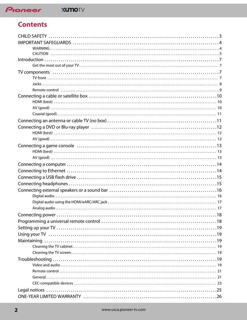 Pioneer PN5575124U xumo TV Operating Manual