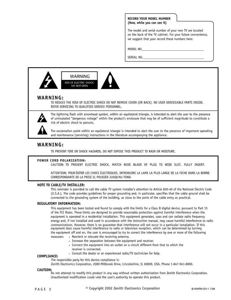 Zenith C27A25 TV Operating Manual