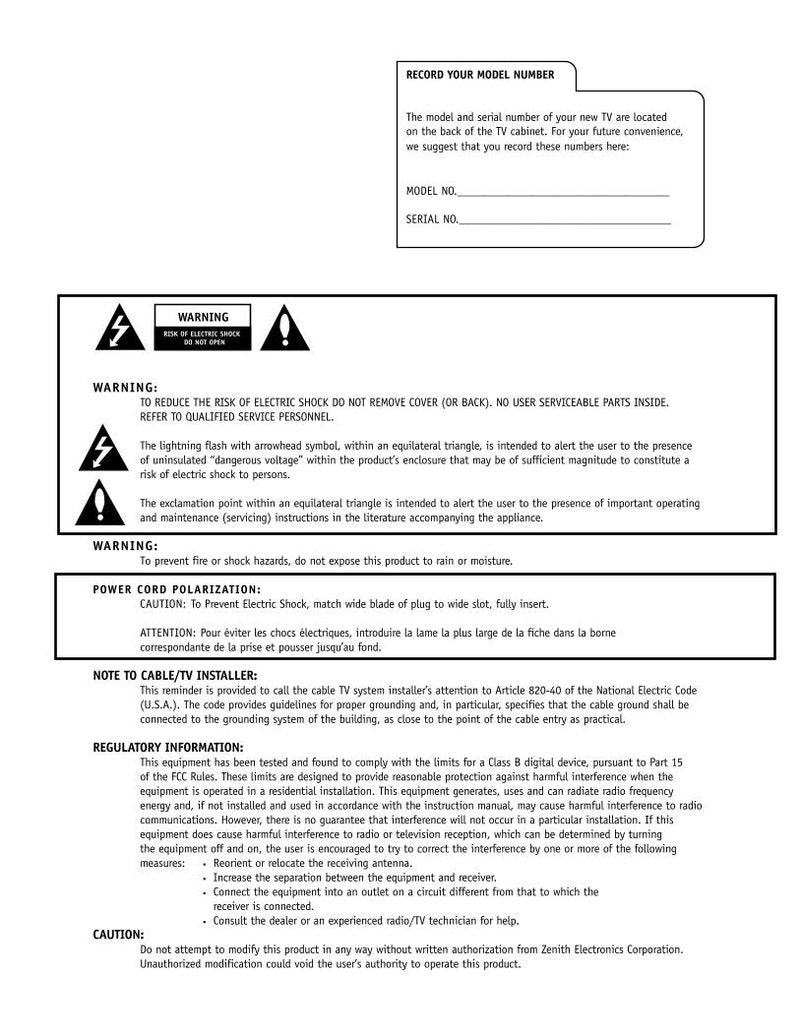 Zenith IQA32M46D IQA36M46D IQA36M46W TV Operating Manual