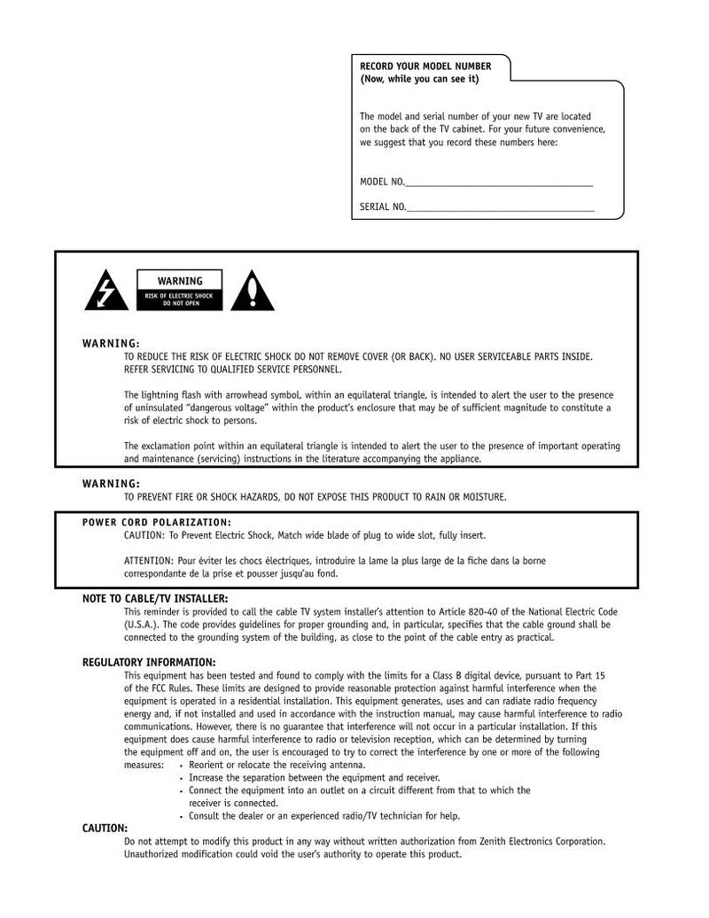 Zenith A09P02X TV Operating Manual