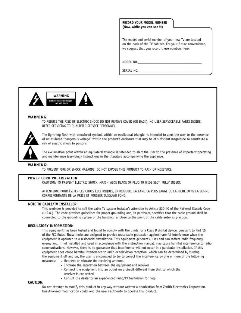 Zenith A19A02D A25A02D TV Operating Manual