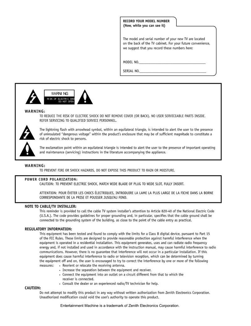 Zenith B25A24Z B25A74R B25A76R TV Operating Manual