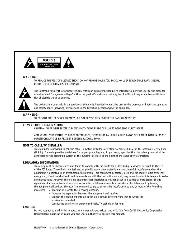 Zenith H2050DT TV Operating Manual