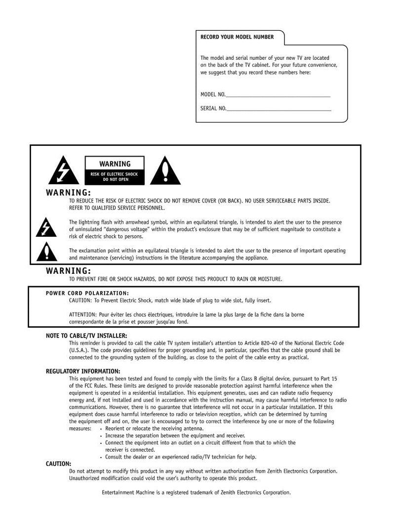 Zenith B50M88W B60M88W RB50M88W TV Operating Manual