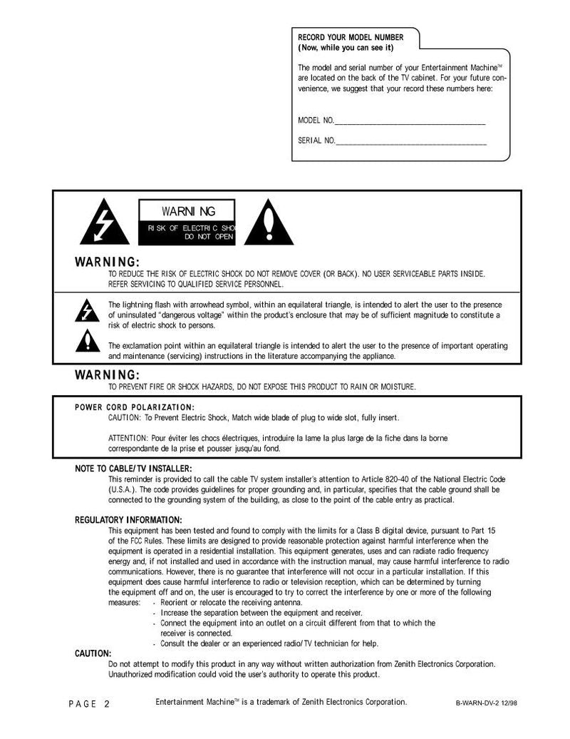 Zenith B27B40Z TV Operating Manual