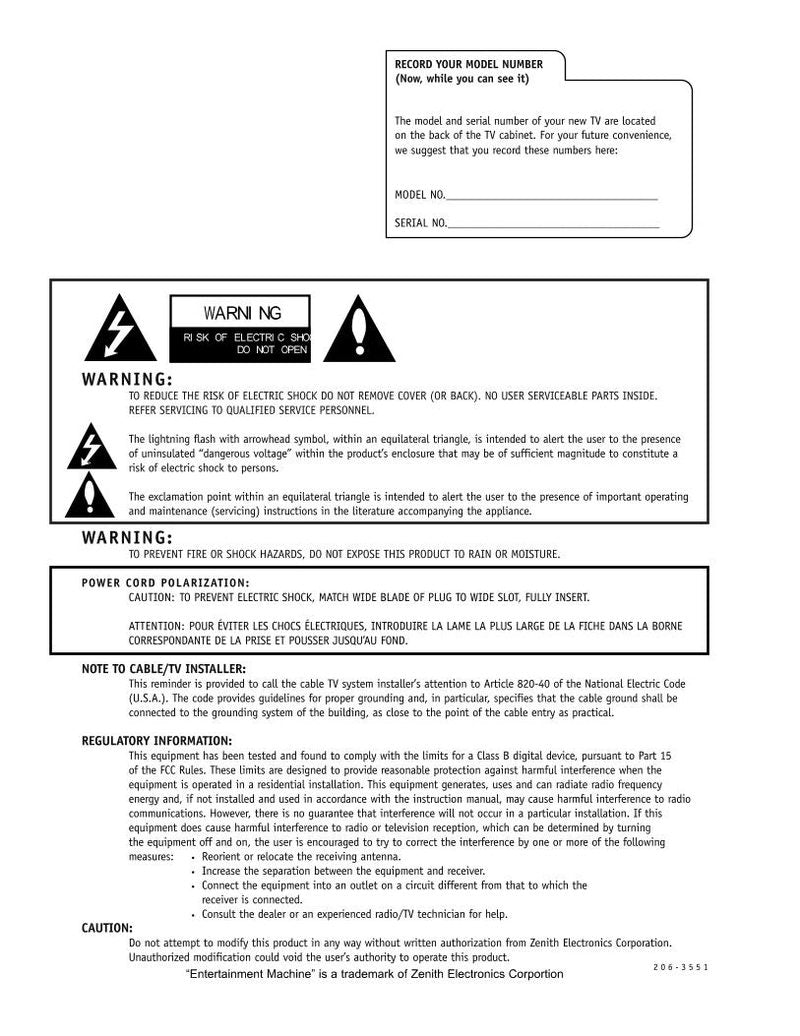 Zenith B25A02Z TV Operating Manual