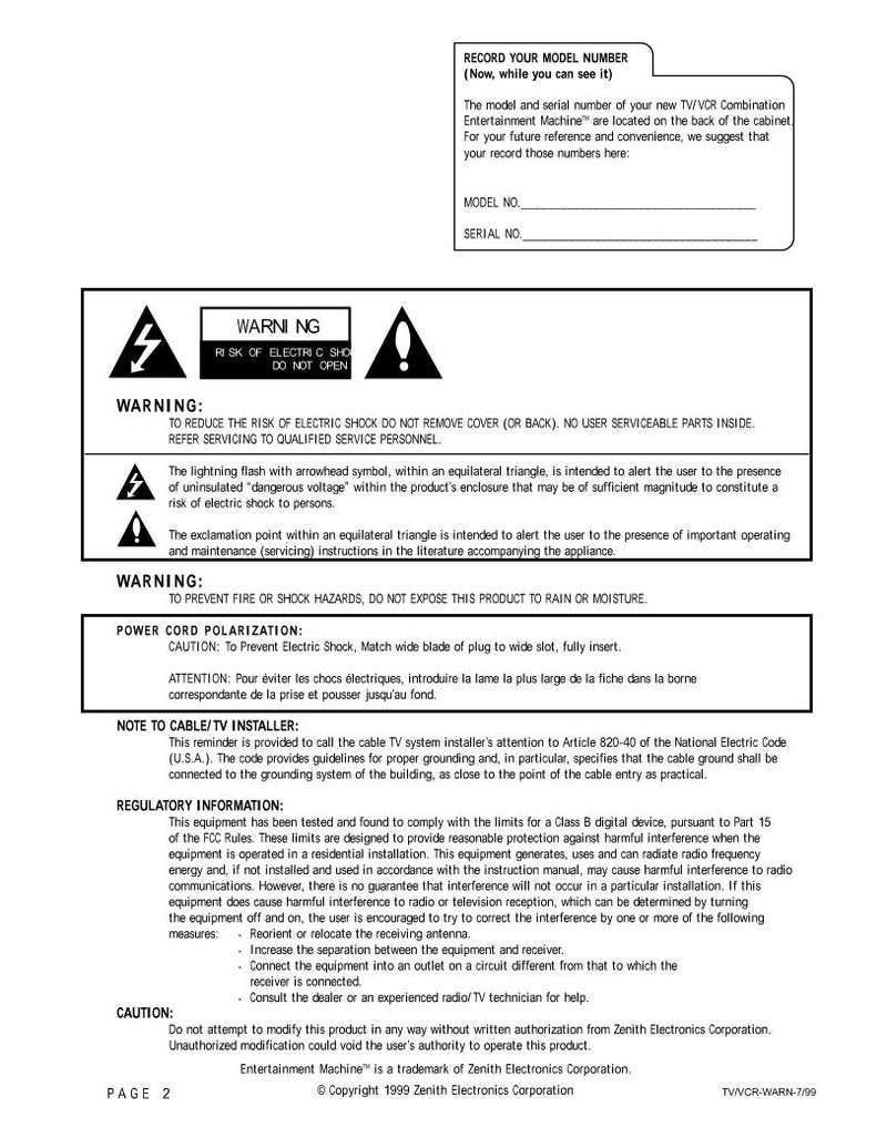 Zenith TVBR1322Z TVBR1922Z TV Operating Manual