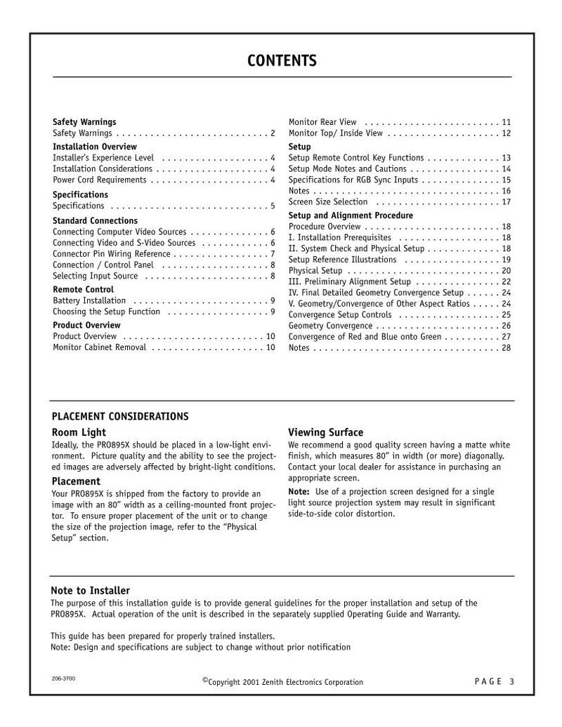 Zenith PR0895X Projector Operating Manual