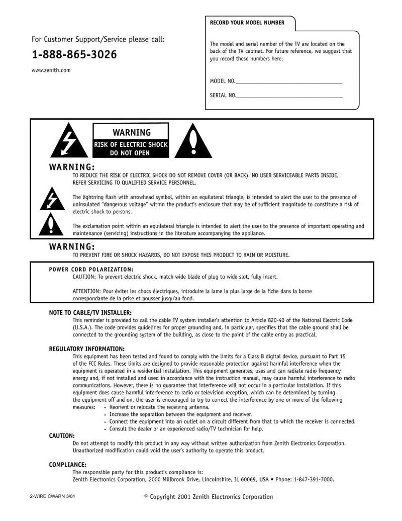 Zenith H27D55DTOM TV Operating Manual