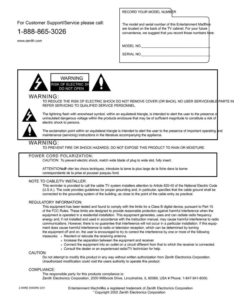 Zenith H27E55DT TV Operating Manual