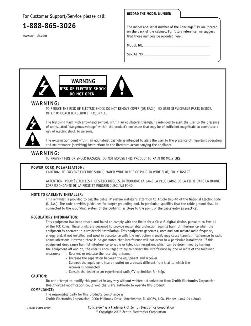 Zenith H19E34Y H20E34Y H25E34Y TV Operating Manual