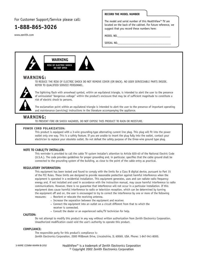 Zenith H20E50DT TV Operating Manual