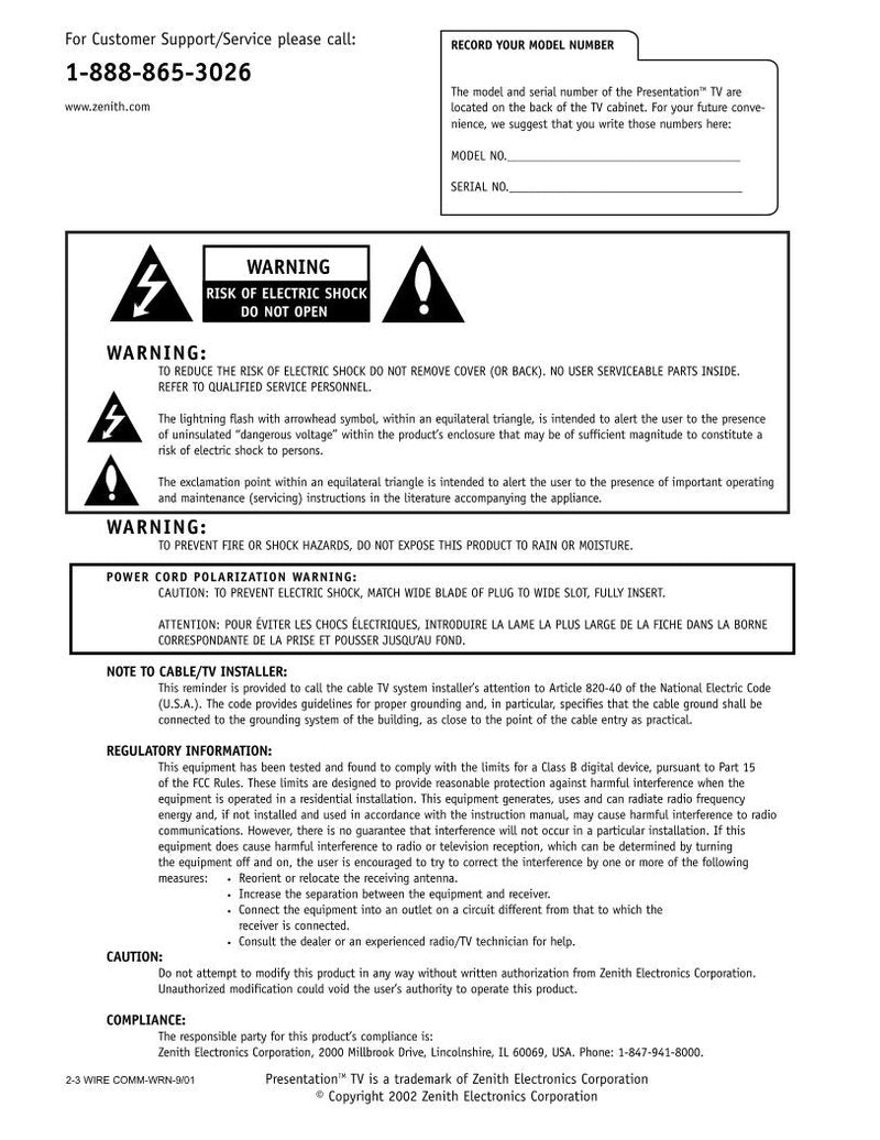 Zenith H27E44DT H32E44DT TV Operating Manual