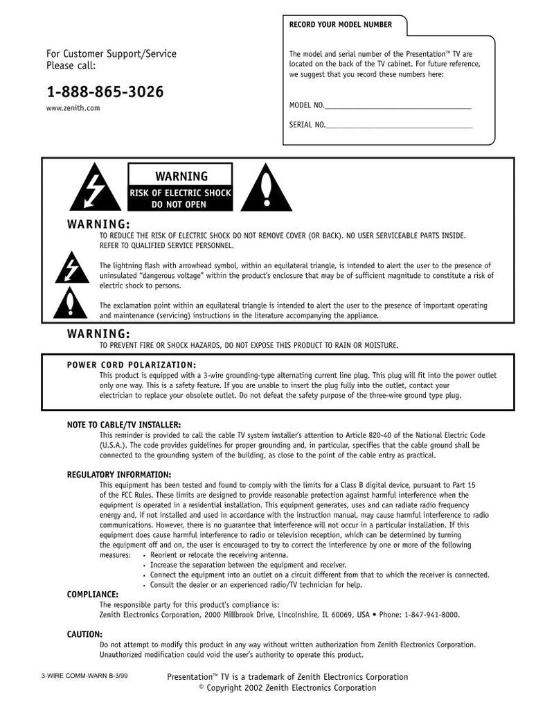 Zenith H25E46DT H27E46DT H32E46DT TV Operating Manual