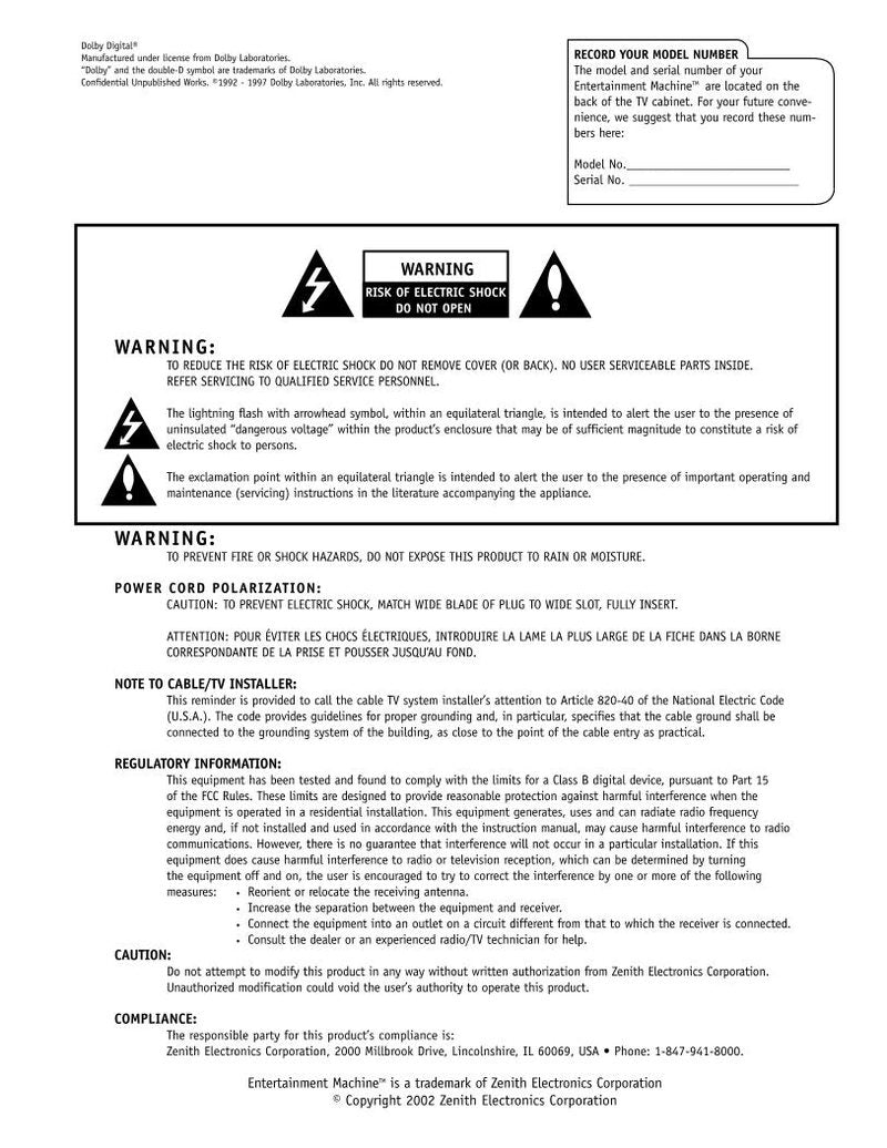 Zenith C32V23 C34W23 C36V23 TV Operating Manual