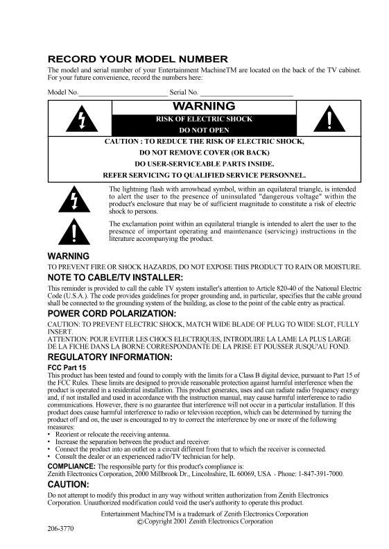 Zenith H13E01L H13E02B H13E02X TV Operating Manual