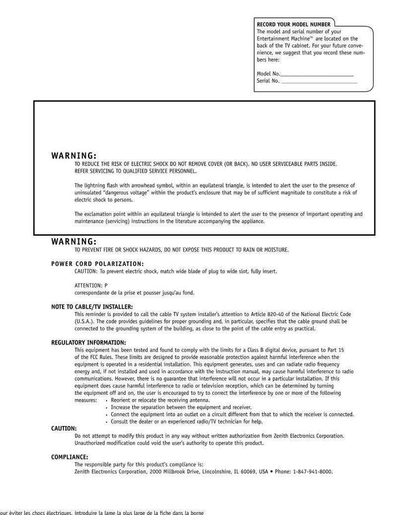 Zenith C27V22 C32V22 C36V22 TV Operating Manual