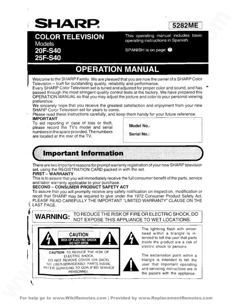 Sharp 20FS40 25FS40 Consumer Electronics Operating Manual